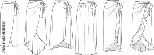 Wrap Skirt Flat Sketch, Fashion CAD Drawing, Vector Illustration, Ruffle Skirt Design, Technical Apparel Template, Long Skirt Fashion Mockup