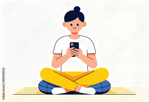 A person with dark hair, a bun, and a white shirt sits cross-legged, holding a black phone