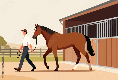 An illustration shows a man walking a brown horse with a black mane, next to a barn