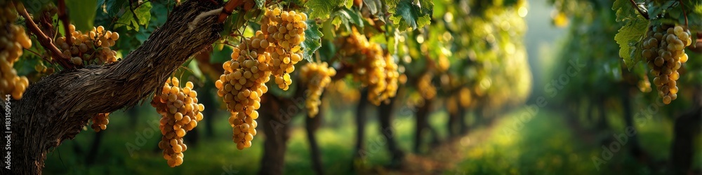 Obraz premium Golden grapes hang heavy on the vine in a sun-drenched vineyard-style orchard, promising a rich harvest in the beautiful countryside landscape.