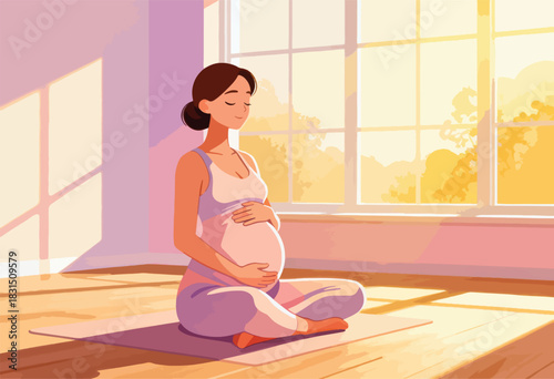 A pregnant woman meditates on a mat in a room bathed in sunlight from a large window