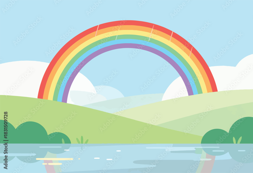 Fototapeta premium A cartoon scene featuring a colorful rainbow arching over a green landscape, reflecting in a lake, blue sky