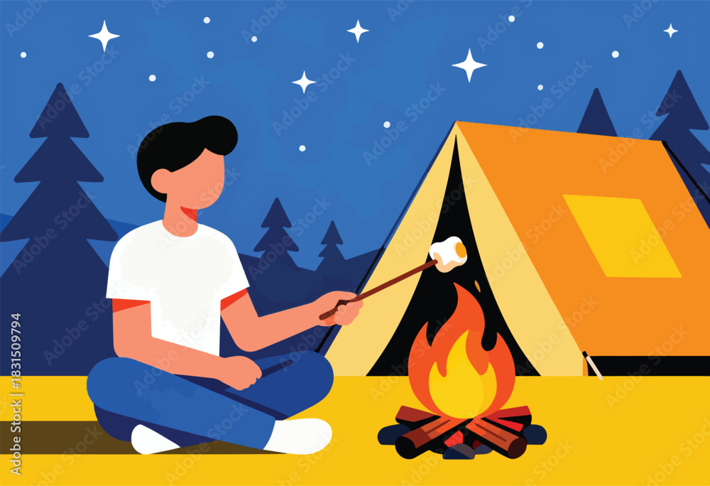 Fototapeta premium A person sits near a campfire roasting a marshmallow, with a tent and forest in the background