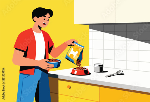 A person in a kitchen smiles while pouring dog food into a bowl, next to a jar and spoon