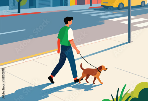 A person walks their brown dog on a sunny sidewalk, crossing the street. Yellow cab is visible