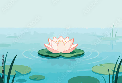 A serene pond scene depicts a lotus flower in full bloom, surrounded by lily pads and tall green reeds