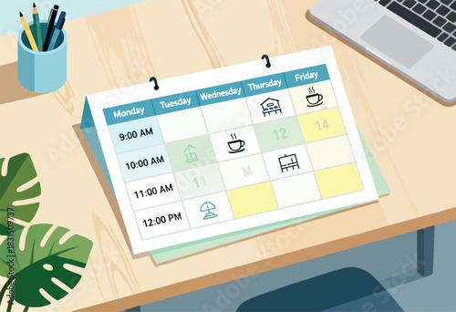 A desk with a calendar showing schedule, laptop, pencils, and plant. Calendar illustrates appointments with icons