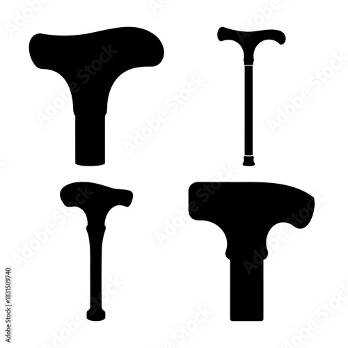 Silhouettes of four different types of walking sticks and canes