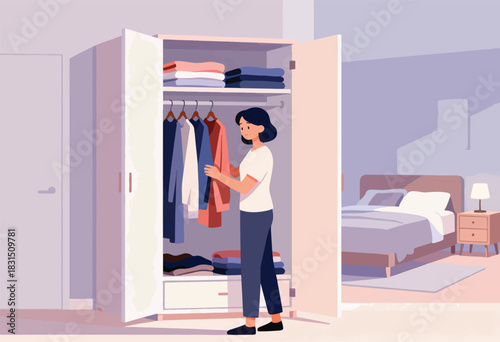 A person selects clothes from a wardrobe in a bedroom with a bed and nightstand