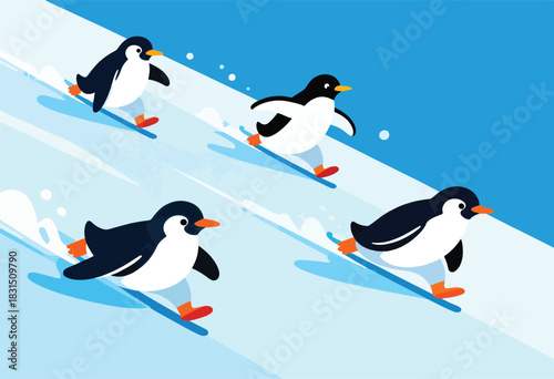 Playful illustration of four stylized penguins skiing down a snowy slope against a blue sky