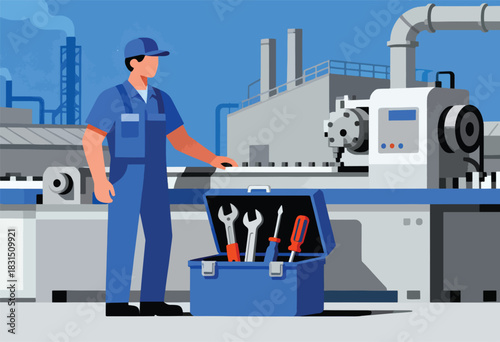 A mechanic in blue overalls, standing next to a toolbox with tools, factory machinery in background
