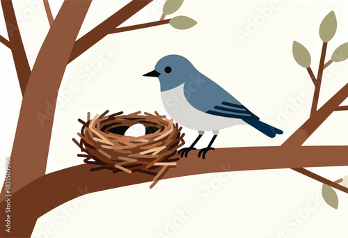 A blue bird sits on a brown branch with a nest and egg, stylized on a white background