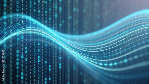 Abstract digital background featuring flowing binary code in shades of blue, representing technology and data.