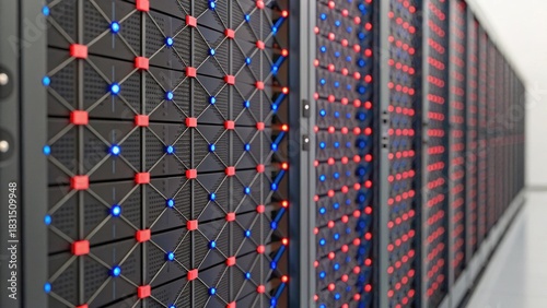 High-tech data center featuring numerous server racks with intricate design and colorful LED lights.