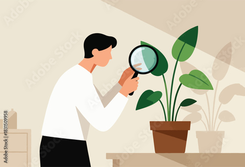 Illustration of a person inspecting plant leaves with a magnifying glass. Two potted plants on a table, a cabinet