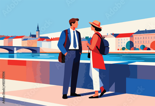 Two figures converse on a waterfront promenade, buildings line the opposite shore under a clear sky