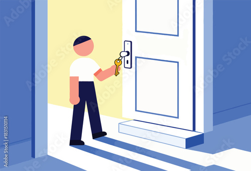 A figure with key unlocks a door. Geometric, minimalist illustration of a person entering a building