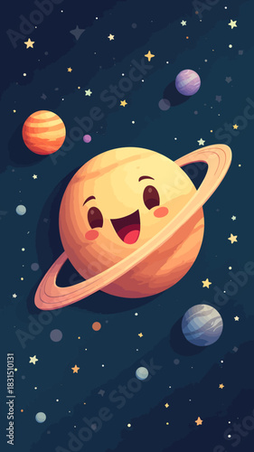 Cartoon vector illustration of a smiling planet with rings (resembling Saturn) in a dark starry space environment.