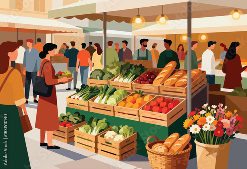 Illustration of a bustling farmers market, featuring various fresh produce and bread displayed, shoppers browsing