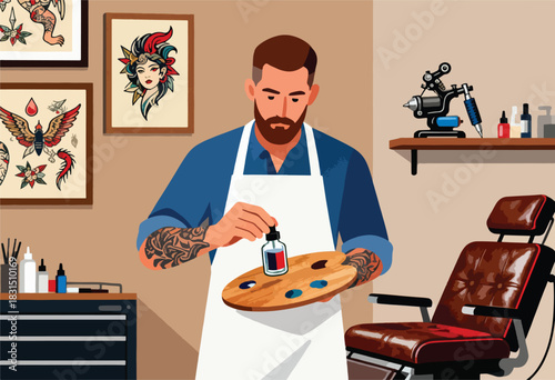 A bearded tattoo artist, with sleeve art, prepares ink on a palette in his studio, vintage tattoo art hangs on the wall