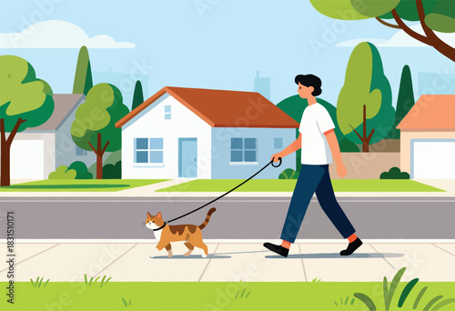 A person walks a cat on a leash down a suburban street with houses and greenery under a blue sky