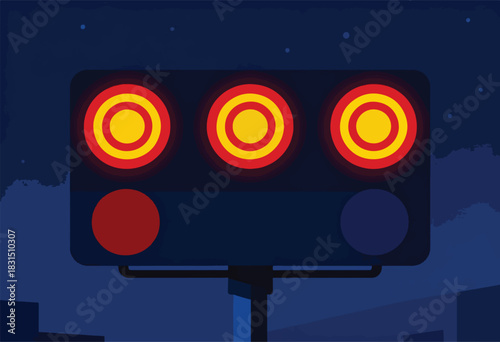A stylized traffic signal shows three yellow-centered red rings lit up, below are red and blue circles against a dark night sky