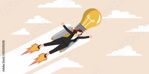 Businesswoman flying with a lightbulb jetpack representing innovation and success