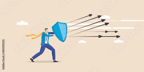 Businessman holding a shield deflecting incoming arrows representing challenges