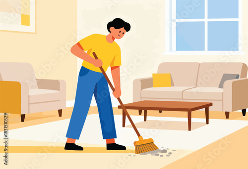 A person in a yellow shirt and blue pants sweeps the floor in a living room