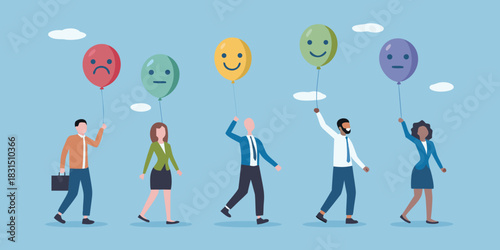Diverse group of people holding balloons with different facial expressions