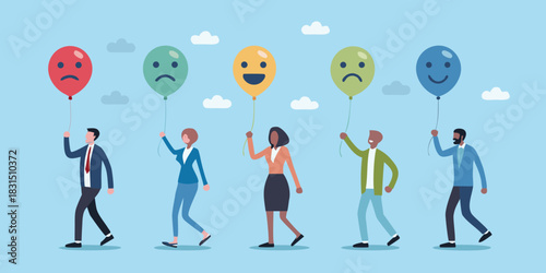 Diverse people holding balloons with different facial expressions representing emotions