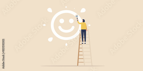 Person painting a smiley sun on a wall with a ladder