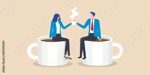 Business colleagues enjoying coffee break together sitting in large coffee cups