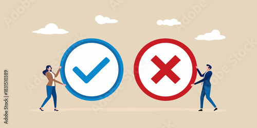 Man and woman holding checkmark and cross symbols representing choice and decision