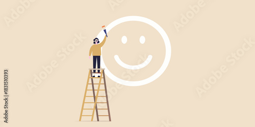 Person painting a large smiley face on a light background using a ladder