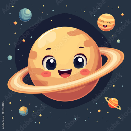 Cartoon vector illustration of a smiling planet with rings (resembling Saturn) in a dark starry space environment.