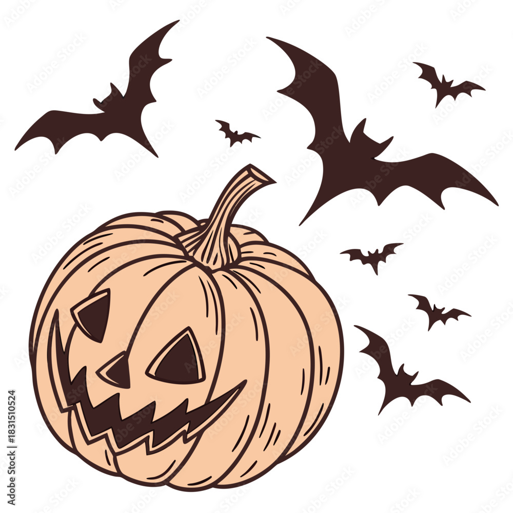 Fototapeta premium Orange jack o lantern with dark bats halloween pumpkin