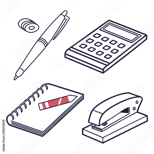 Office stationery icons pen calculator stapler notebook eraser