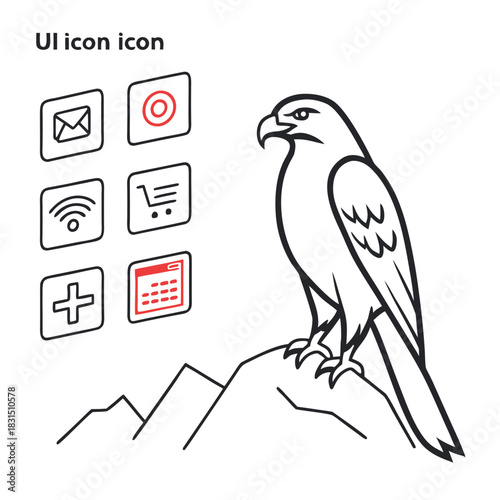 Outline icons and eagle on mountain system minimal