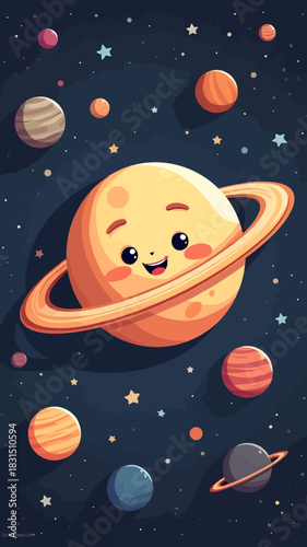 Cartoon vector illustration of a smiling planet with rings (resembling Saturn) in a dark starry space environment.