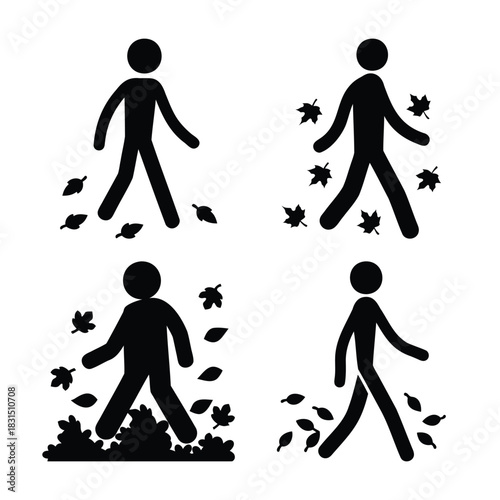 Stick figures walking with autumn leaves, fall season concept