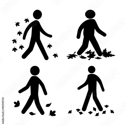 Abstract human figures walking amidst fall leaves icon set