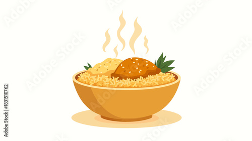 Vector illustration of a brown bowl filled with steaming hot yellow food, resembling mac and cheese, corn, or porridge.