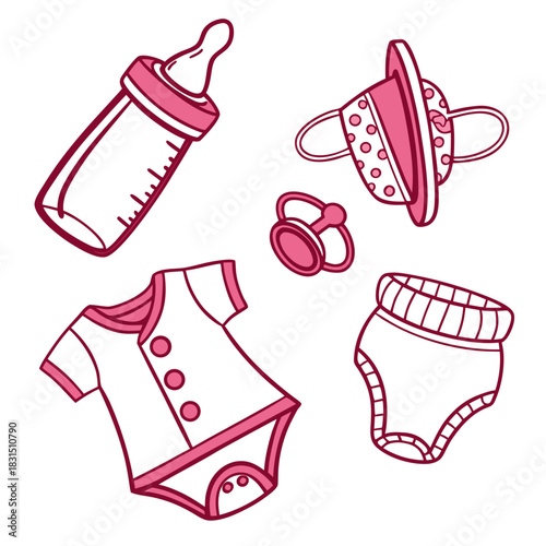 Pink baby items collection on white background infant