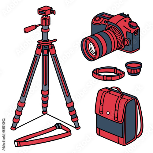 Red and blue camera gear vector illustration tripod