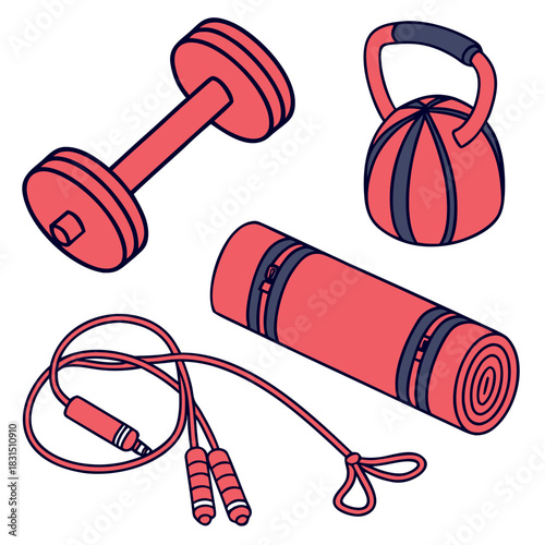 Red and blue gym equipment set on white dumbbell kettlebell