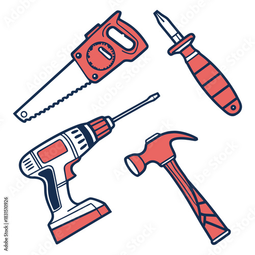 Red and blue hand tools set on white background hand saw