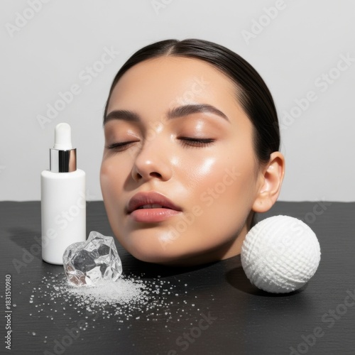 Young Woman with Clear Skin Relaxing with Skincare and Beauty Accessories in Studio