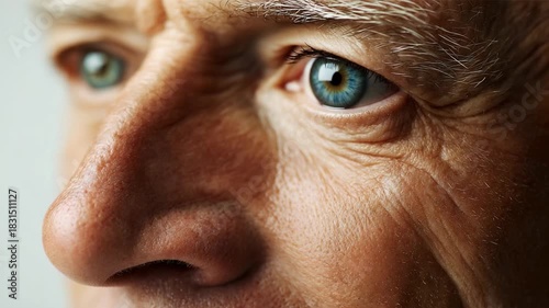 A close-up exploration of an elderly man's face, revealing the fine details of his skin, wrinkles, and the transition from a moment of reflection to the clarity of open-eyed contemplation