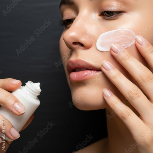 Young Woman Applying Cream on Face in Dark Background with Skincare Product